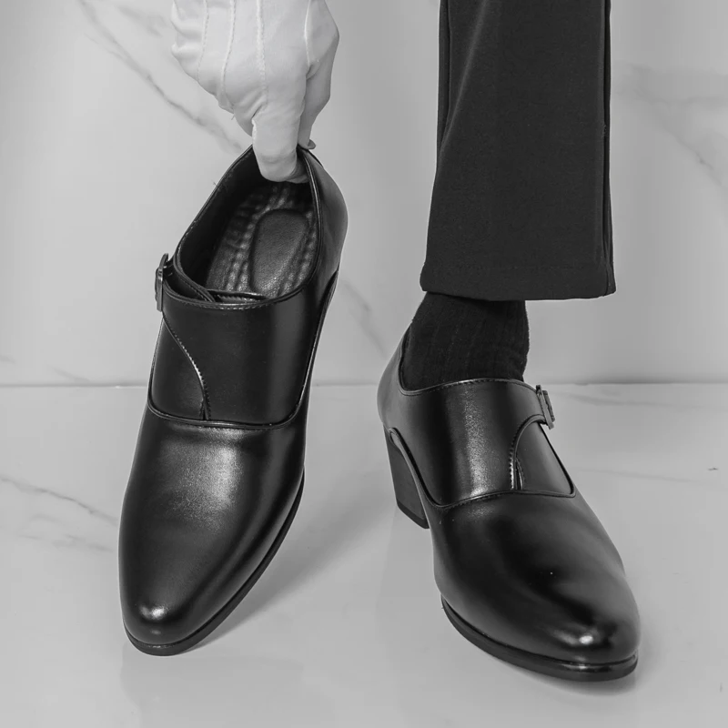 2026 Spring New Classic Black High-heeled Banquet Leather Shoes Brand Fashionable Men's Comfortable Pointed Casual Leather Shoes