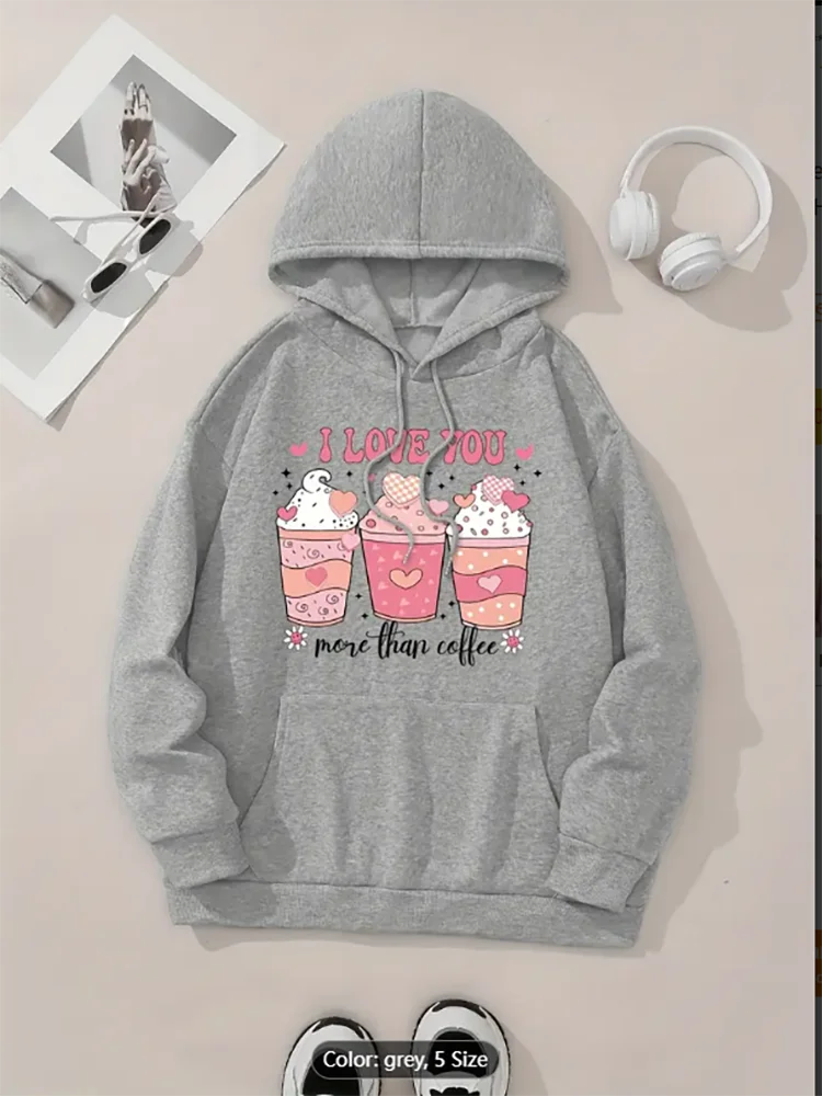 

Women's Hoodie with I Love You More Than Coffee Graphic Print Oversized Fit Drawstring Hooded Sweatshirt Casual Sweet Style