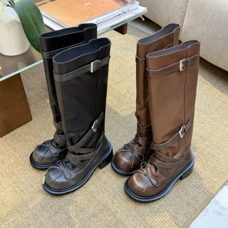calf-high-square-head-ballet-flat-heel-long-boot-women's-knight-boot-leather-version-over-knee-fashion-boot-rubber-sole