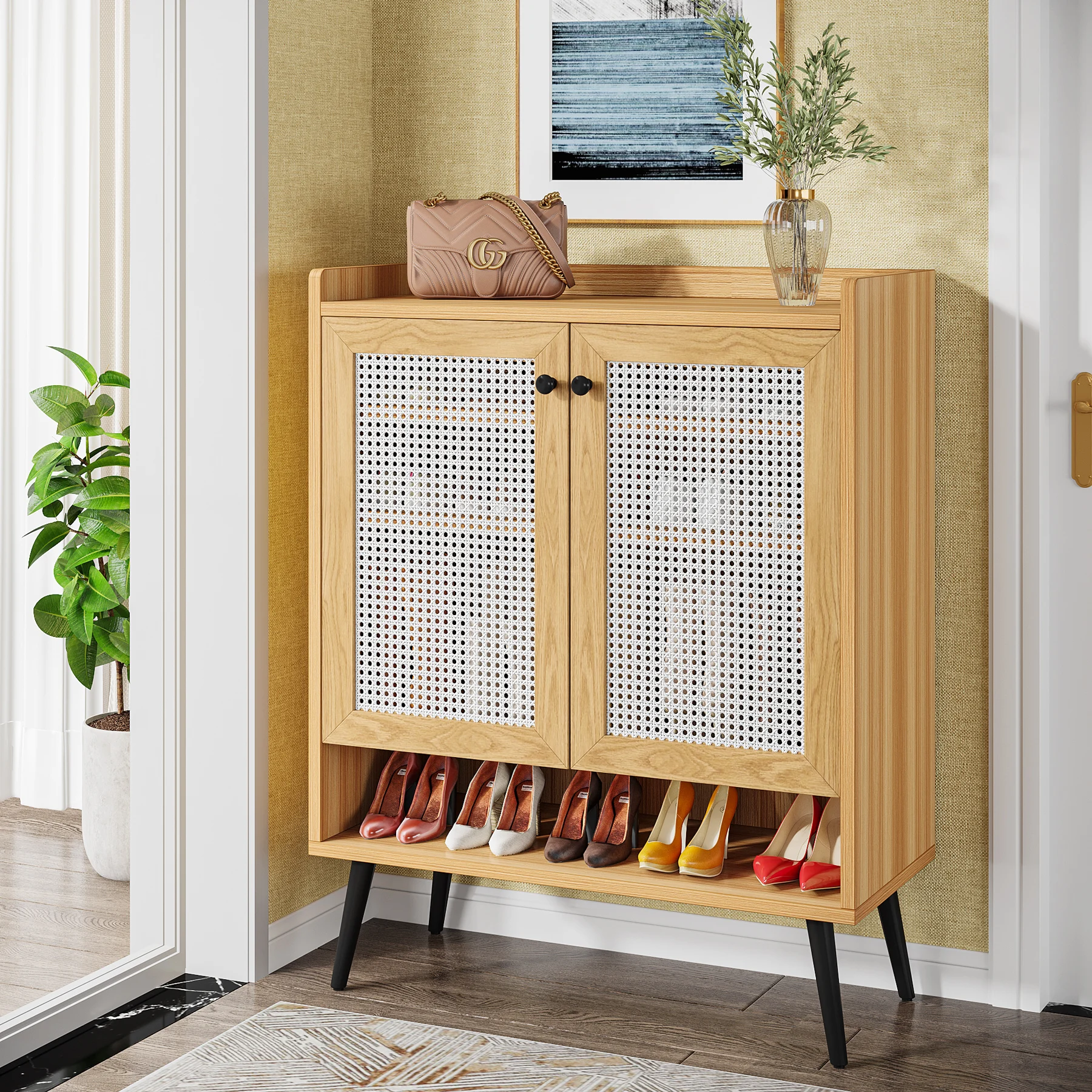 Tribesigns Rattan Shoe Cabinet, Shoes Cabinet Storage with Door, Freestanding Wood Shoe Cabinet with Removable Shelves