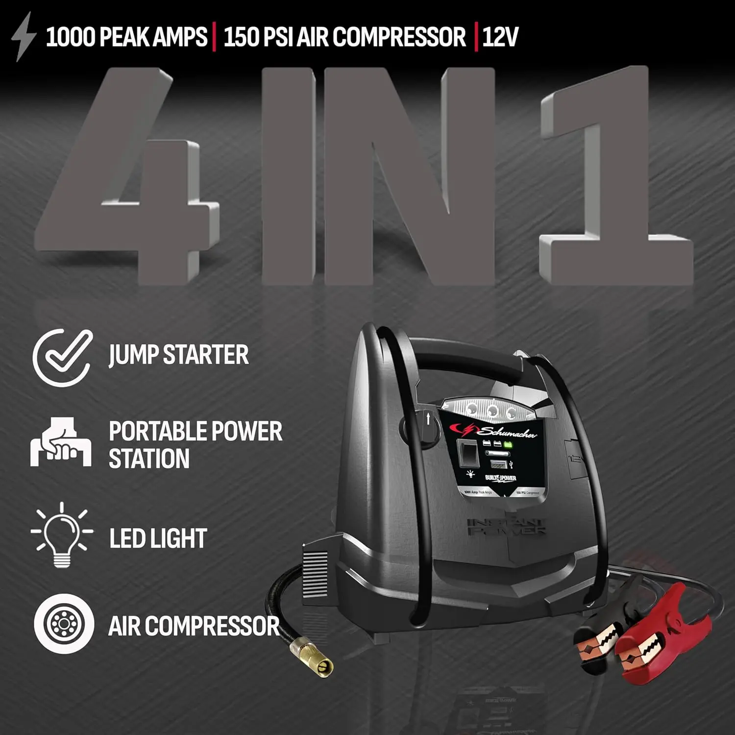Schumacher SJ1330 1000 Peak Amp Jump Starter وضاغط هواء مع منافذ طاقة محمولة USB 12 فولت #2