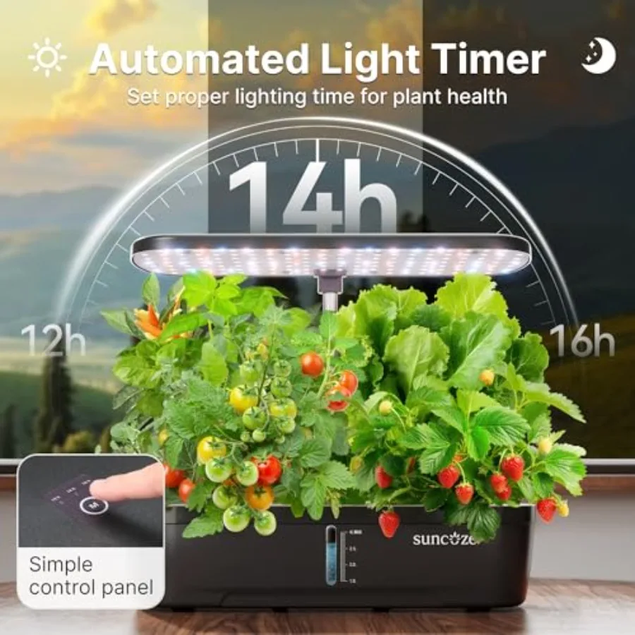Hydroponics Growing System Kit 12 Pods for indoor herb gardening, black ABS plastic with visible water tank and pump, 20W LED g