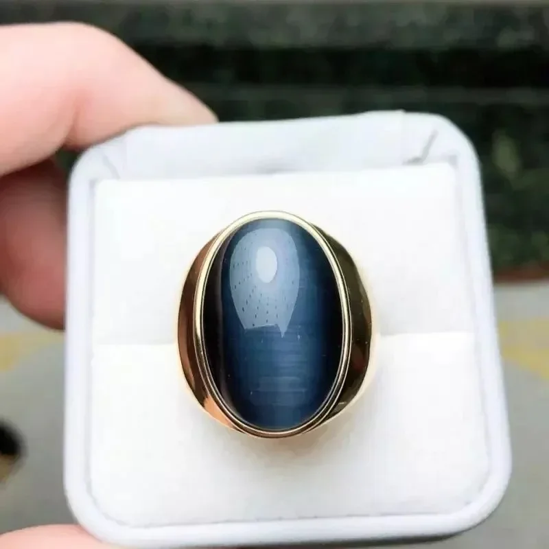 New Male Fashion Blue Oval Stone Stainless Steel Cat\'s Eye Ring for Men Women Classic Bling Men\'s Party Wedding Jewelry Gift