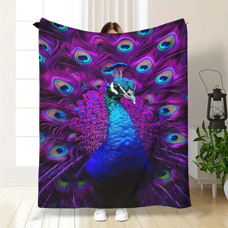 

Purple peacock pattern digital-printed polyester Bedroom velvet flannel cover blanket Fleece soft sofa cover blankets for beds