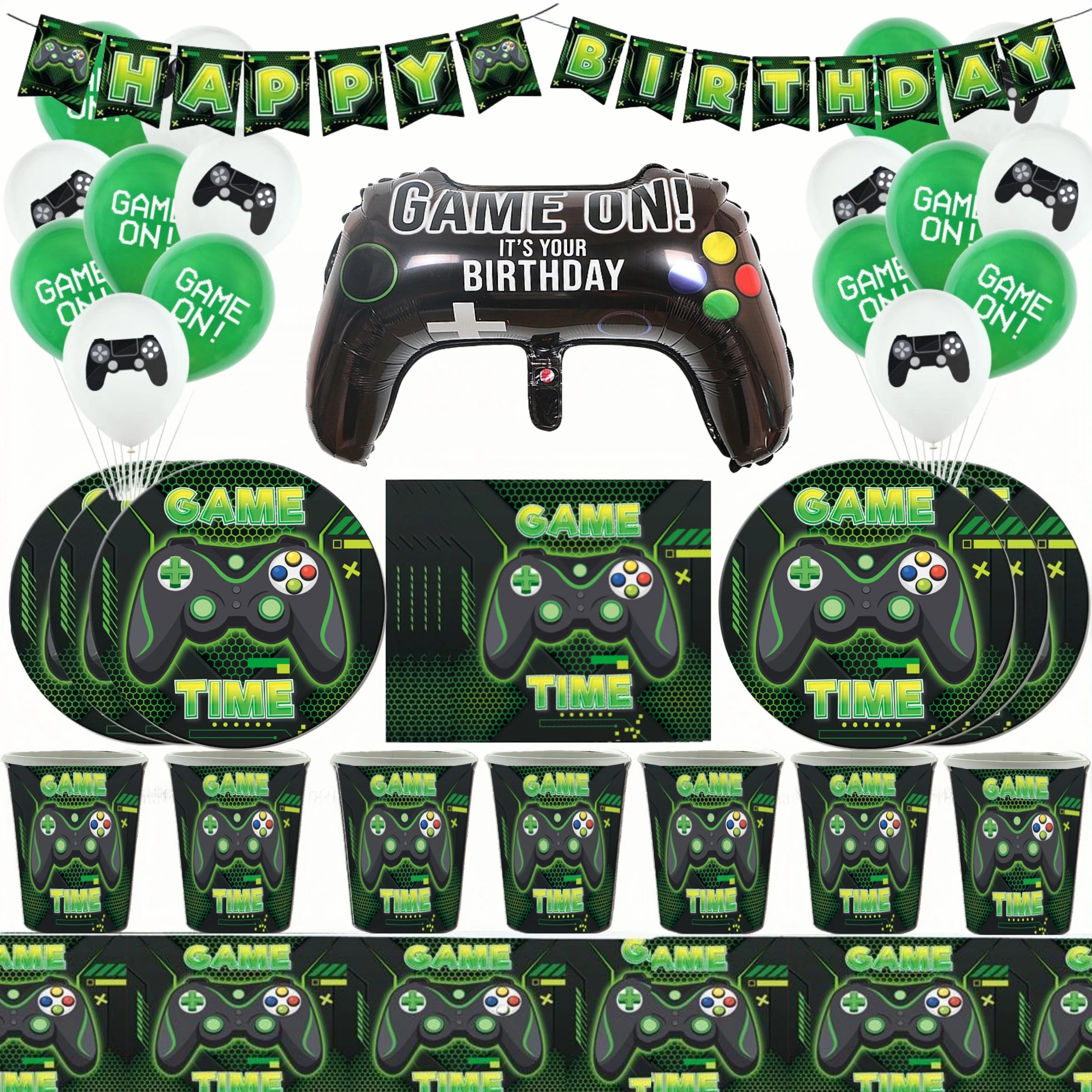 Green Video Game Happy Birthday Party Decoration Disposable Tableware Set For 10pepole Gamepad Balloon Boys Game Party Supplies