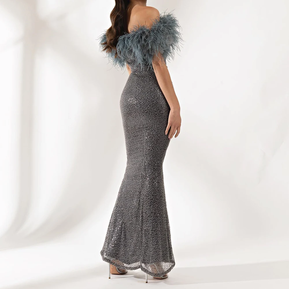 Vestido de noche de plumas con hombros descubiertos, sirena de lentejuelas elegante personalizado, largo hasta el suelo festoneado, vestidos de fiesta de manga corta