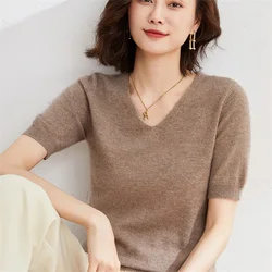 2024 New Short Sleeve Women Sweater Pullover Fashion Merino Wool Basic Tops V-Neck Spring Sumer Autumn Jumper Knitwear Clothing