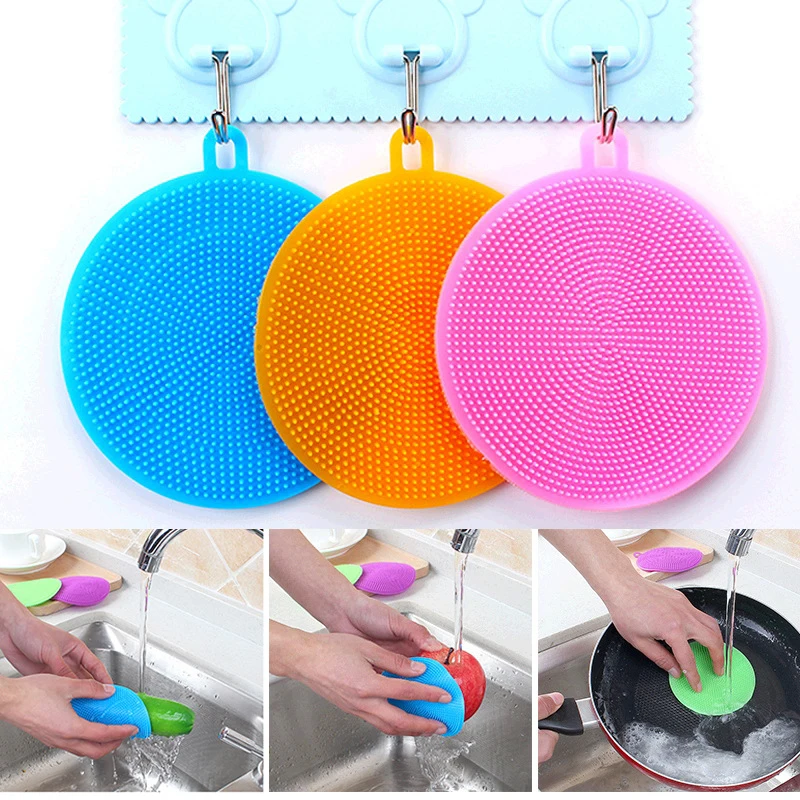 Kitchen Accessories Silicone Dish Washing Brush Bowl Pot Pan Wash Cleaning Brushes Cooking Tool Cleaner Sponges Scouring Pads