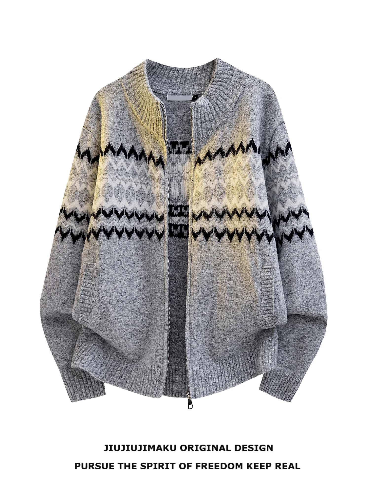 

American Sle Zipper Knitted Sweater Men's f High Collar Color Blo Long Sve Warm Casual Faion Outerwear Coat