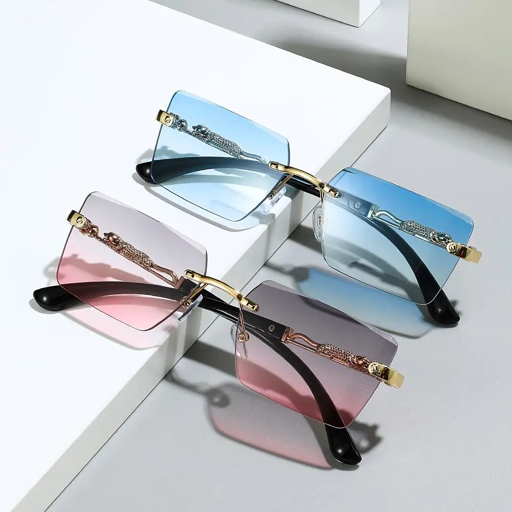 New Fashion Rimless Square Sunglasses Cut Edge UV400 Leopard Decorative Shades Eyewear Gradient Lens Sun Glasses for Women Men