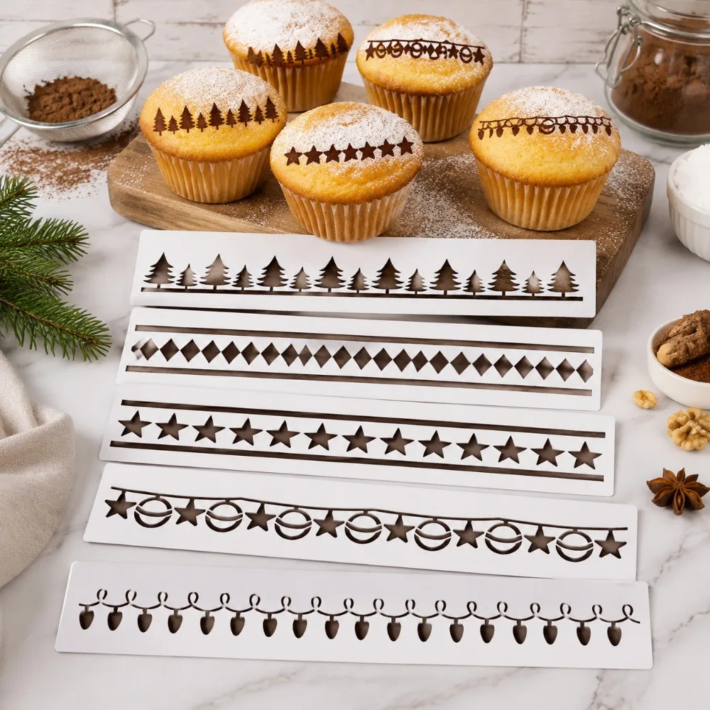 5‑Pack 30×5cm Christmas Border Stencils, Tree Star Light Hollow Templates, Xmas Cake Cookie Baking Decor