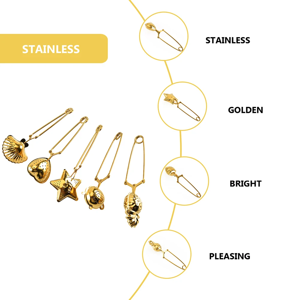 

5pcs Stainless Steel Infuser Creative Tea Filter With Clamp Rustproof Heat Resistant Gold Tea Accessories Elegant Design