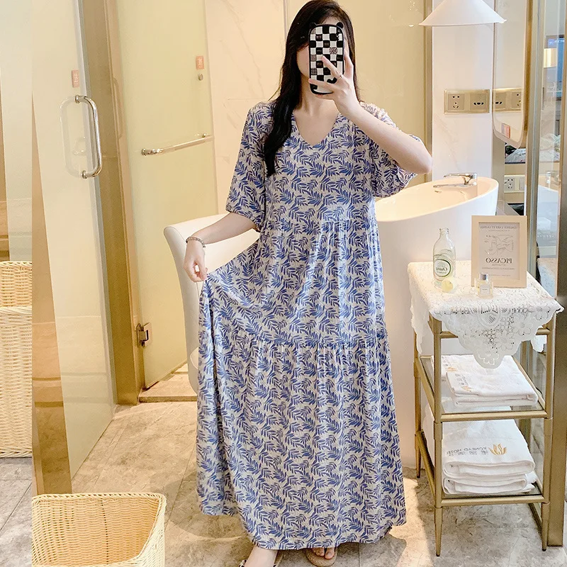 Summer Woman Viscose Nightgown Oversized Women Nightdress Short Sleeve Floral Print Nightgowns Sweet Casual Sleepwear Sleepdress