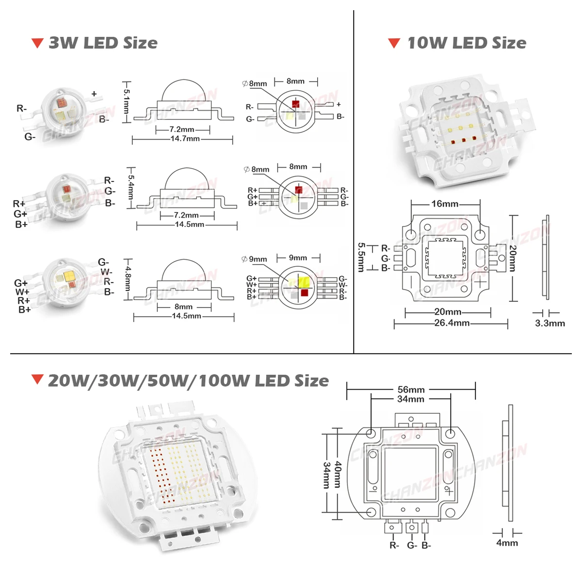 High Power Bulbs Led Light Chip RGB RGBW Pcb Smd 3W 4W 10W 20W 30W 50W 100W Red Green Blue White 3 4 10 20 30 50 100 Watt Diode