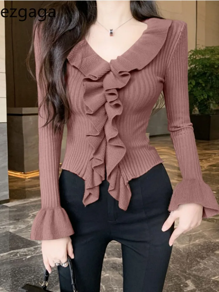 Ezgaga Knitted Sweater Women French Style Ruffles Basic V Neck Flare Long Sleeve Slim Stretch Sexy Elegant Pullover Female Tops