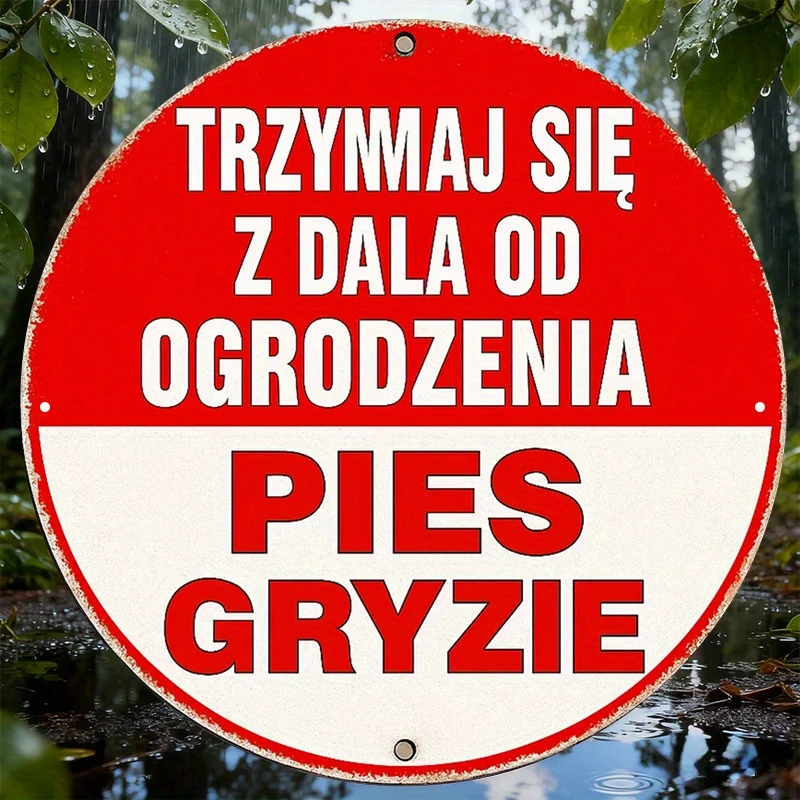 A Vintage-Style Round Aluminum Sign in Polish, Featuring a Warning about Dangerous Dogs. This Decorative Plaque