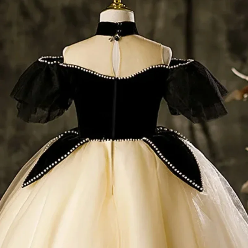 Moda Bambini Ragazza Abito elegante da sera Principessa Abiti neri Bambini Abiti con perline Costumi da spettacolo Abiti di lusso Abiti
