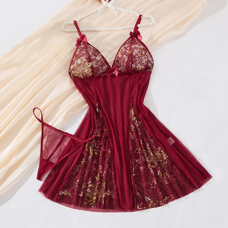 Women's Nightgown Wine Red V-Neck Sheer Mesh Sleepwear Lace Splicing Spaghetti Strap Pajamas Dress Boudoir Babydoll Nightwear