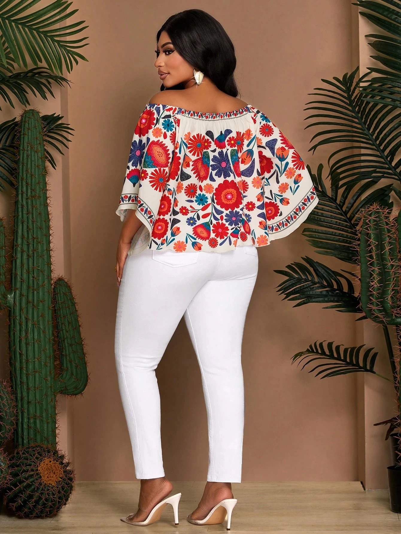 Plus Size Women Off Shoulder Blouse Bohemian Floral Print Flare Sleeve Casual Loose Tops Summer Holiday Party Shirt image 4