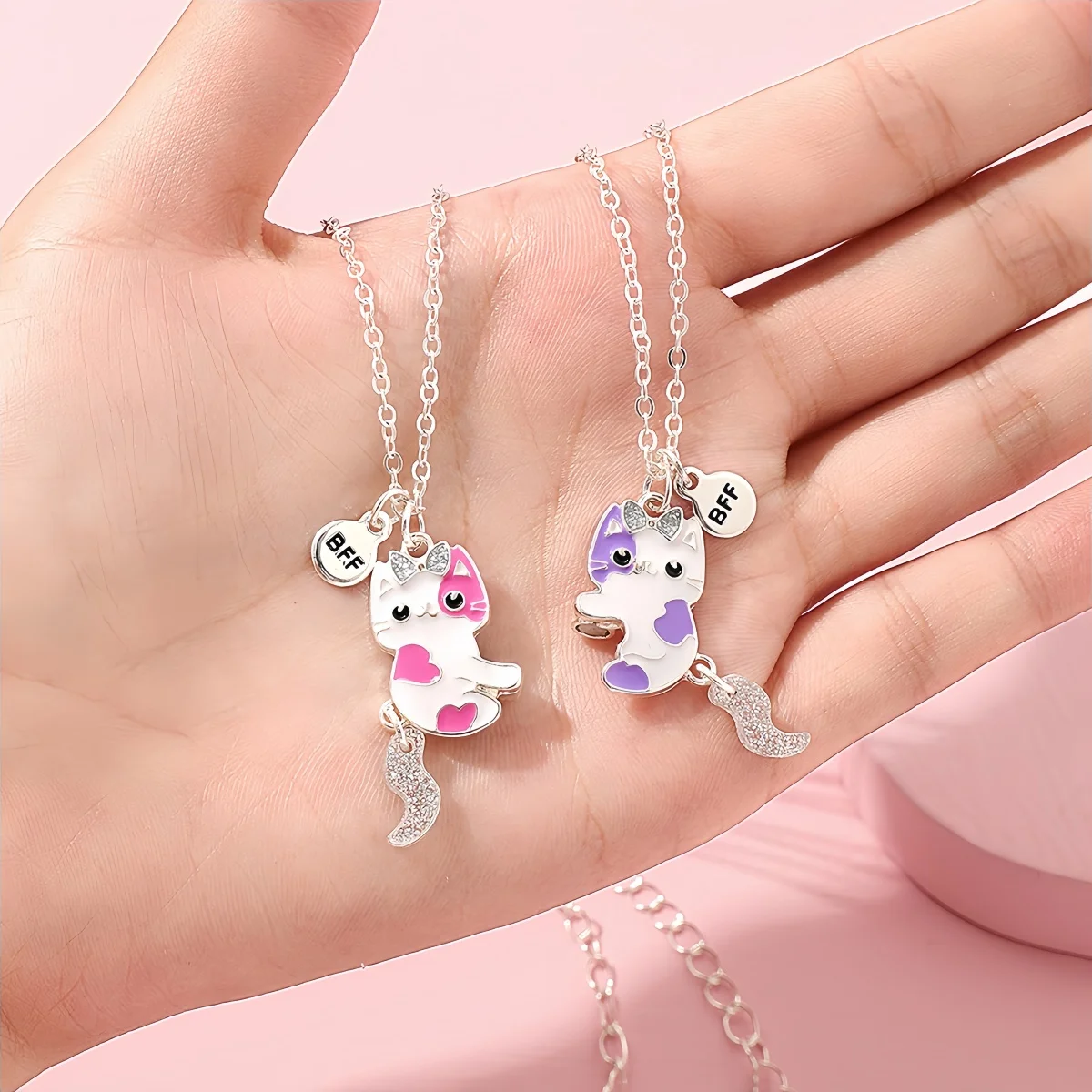 2Pcs/set Cute Cat Shape Pendant Chain Best Friends Necklace BFF Friendship Jewelry Necklaces Party Gift for Women Girls