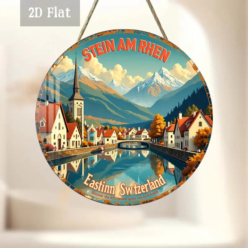 2D Flat - 1pc Alpine Village Woodblock Printing Decoration, Mountain Scenery Round Wall Decor European Charm Round Wooden Decora