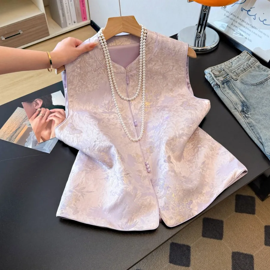 Handmade Chinese Style Reformed National Trend Satin Surface Embroidery Small Stand Collar High End Jacket Top Women's Vest