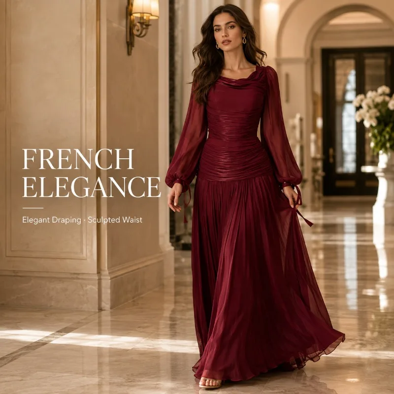 2026 French Elegant Women Maxi Dress Long Sleeve Ruched Waist Lace-Up Back Flowy Pleated Evening Party Dress