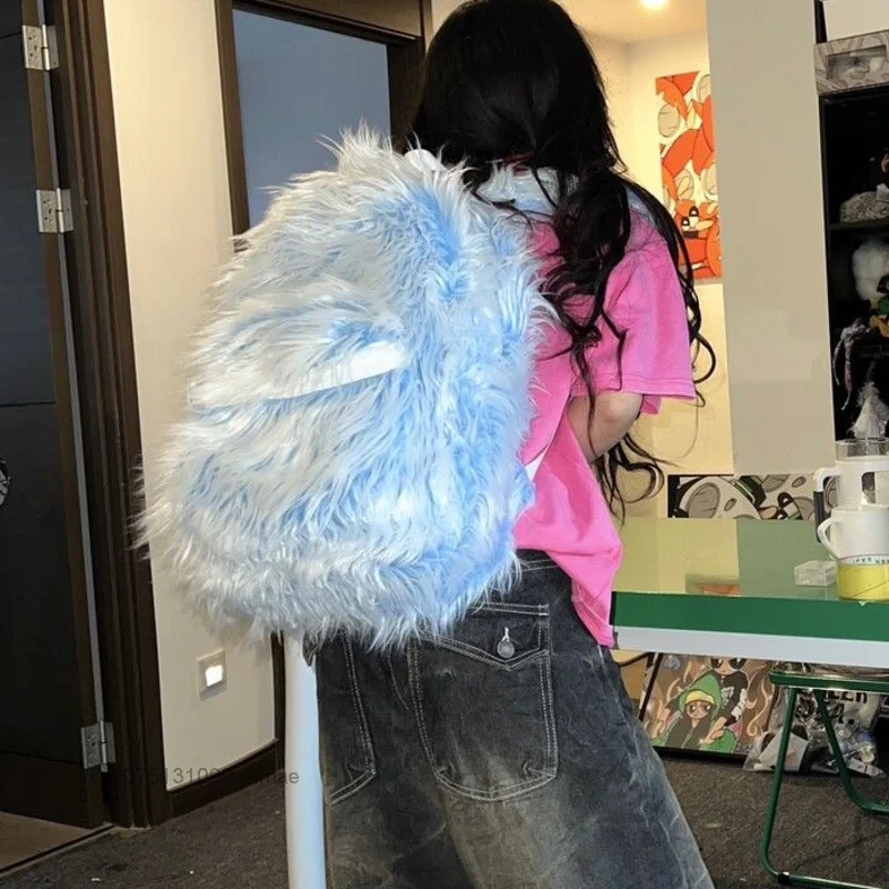 14 inch Furry Blue Backpacks Y2k Fashion Zipper Funny Dual Color Contrast Ice Blue Men\'s and Women\'s Trend Outdoor Backpack