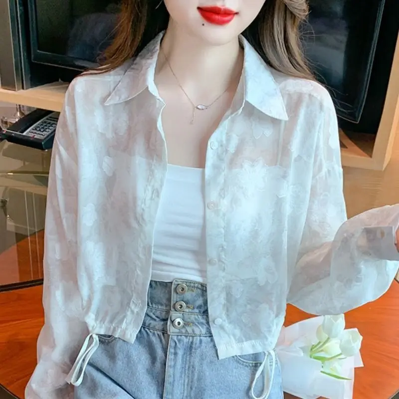 Women Summer Korean Loose Fashion Sunscreen Thin Long Sleeve Chiffon Shirts Women Clothes Casual All-match Appear Thin Sexy Tops