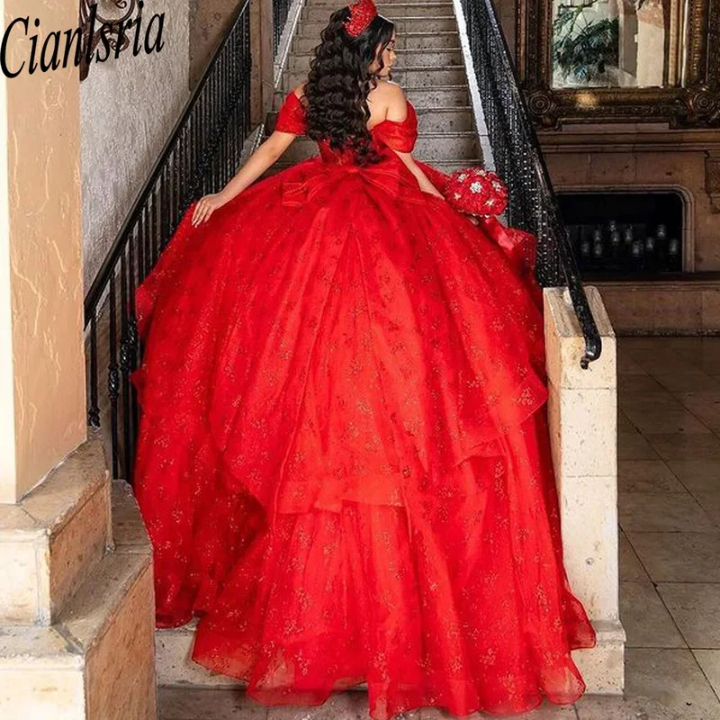 Red Quinceanera Dress Ball Gown Applique Tulle Puffy 3D Floral Sweet 16 Girl Princess Birthday Pageant Evening Dress