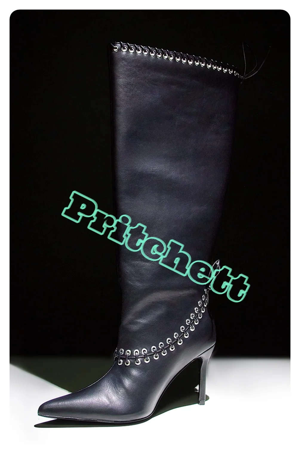 Black Leather Pointed Toe Knee-high Ankle Women Boots Tassel Buckle Lace Eyelets  Thin High Heels Autumn Winter 2024 New