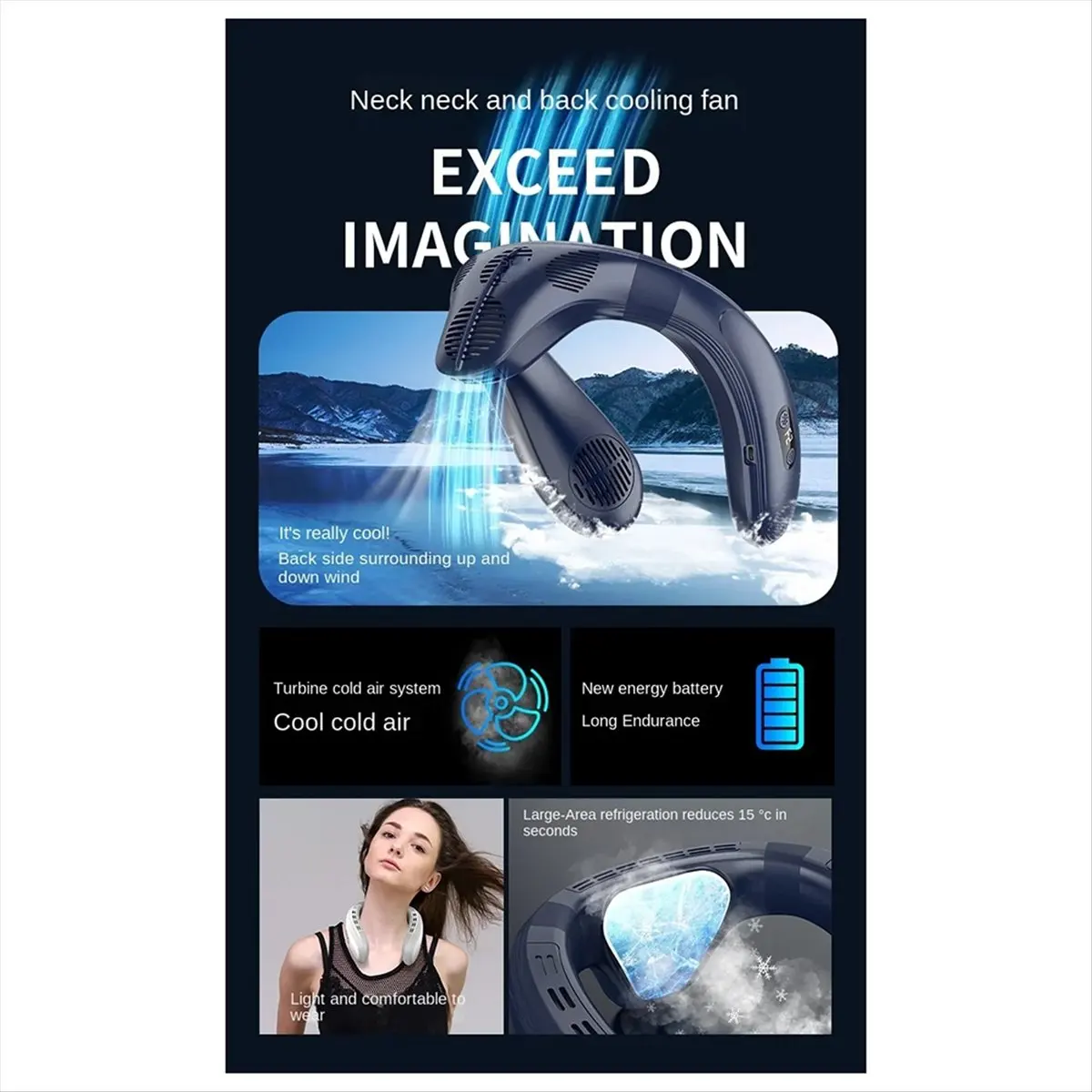 SCLS Portable Neck Air Conditioner Fan Rechargeable Refrigeration Bladeless Fan Outdoor Personal Fan Wearable Cooler