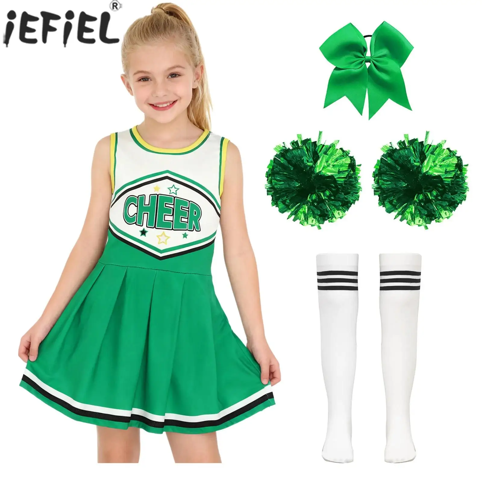 Kids Girls Cheerleading Dance Uniform Halloween Carnival Party Cosplay Costume Sleeveless Dress with Flower Balls Hair Tie Socks