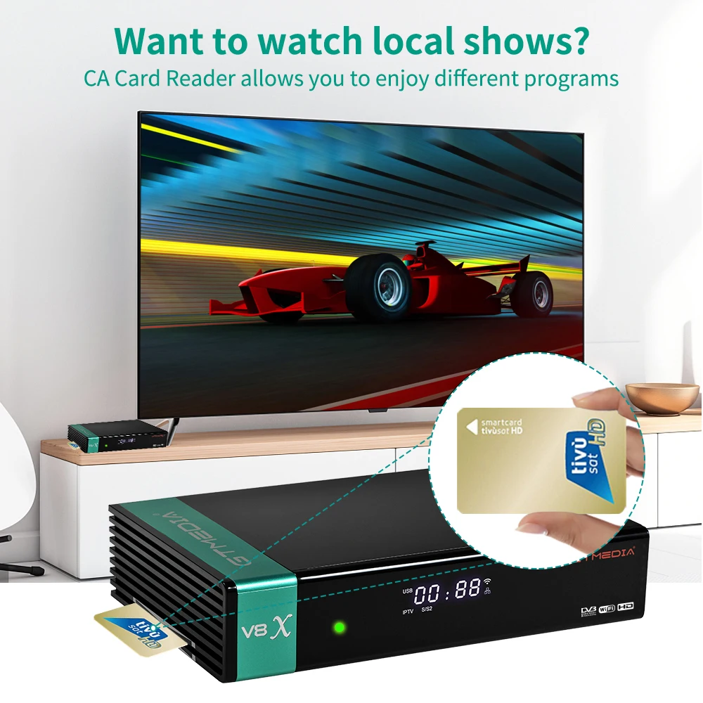 กล่องรับสัญญาณดาวเทียม GTMEDIA V8X รองรับ DVB S/S2/S2X ความละเอียด 1080P HD พร้อม WiFi 2.4G ในตัว ช่องใส่การ์ด CA กล่องรับสัญญาณอัจฉริยะ รองรับภาษาสเปน