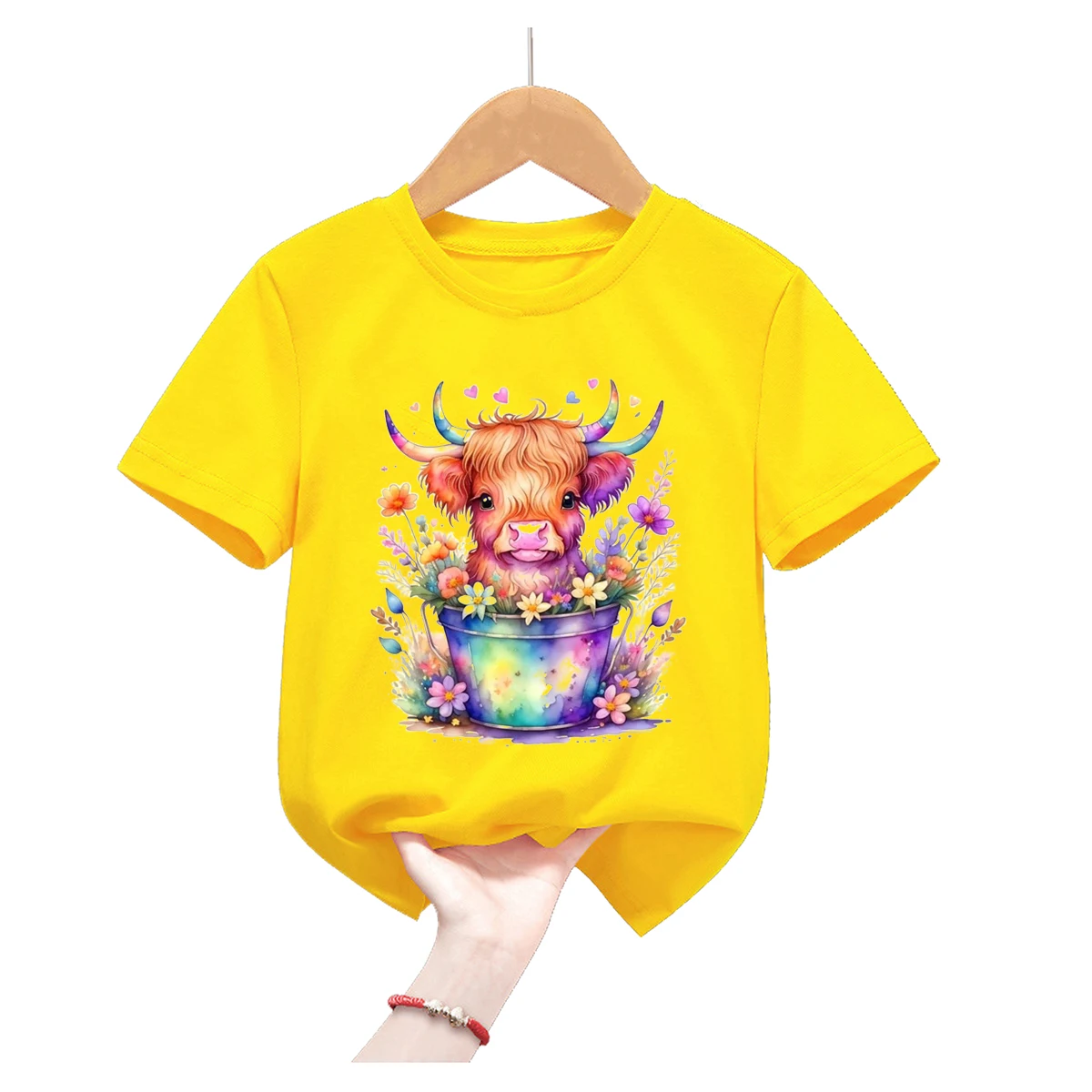 

Kawaii Caw Flowers Animal Print Yellow Tshirt For Girls/Boys Harajuku Shirt Cute Moody Kids Clothes T Shirt Children'S Clothing