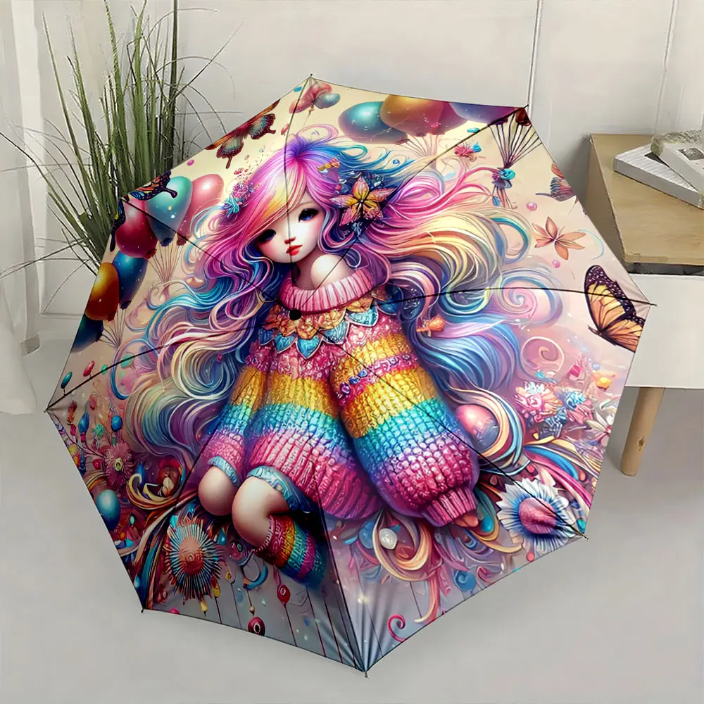 Rainbow Hair Fantasy Girl Balloon Butterfly Floral Print Compact Folding Travel Parasol Whimsical Cute Art Decorative Present
