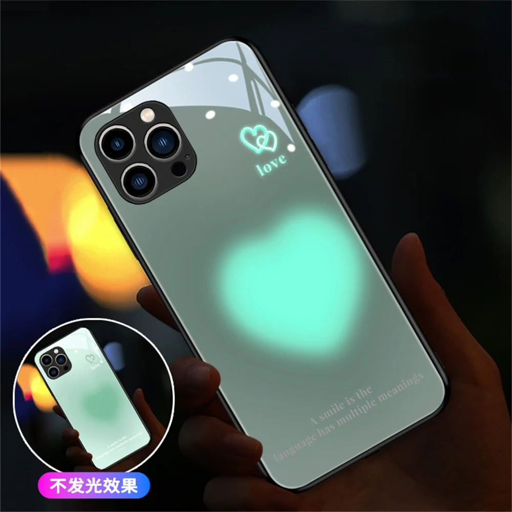 

Lovely Misty Heart Sound Control LED Flash Cases Luminous Glass Cover For iPhone Air 17 16 E 15 14 13 12 11 Pro Max X XS XR Plus