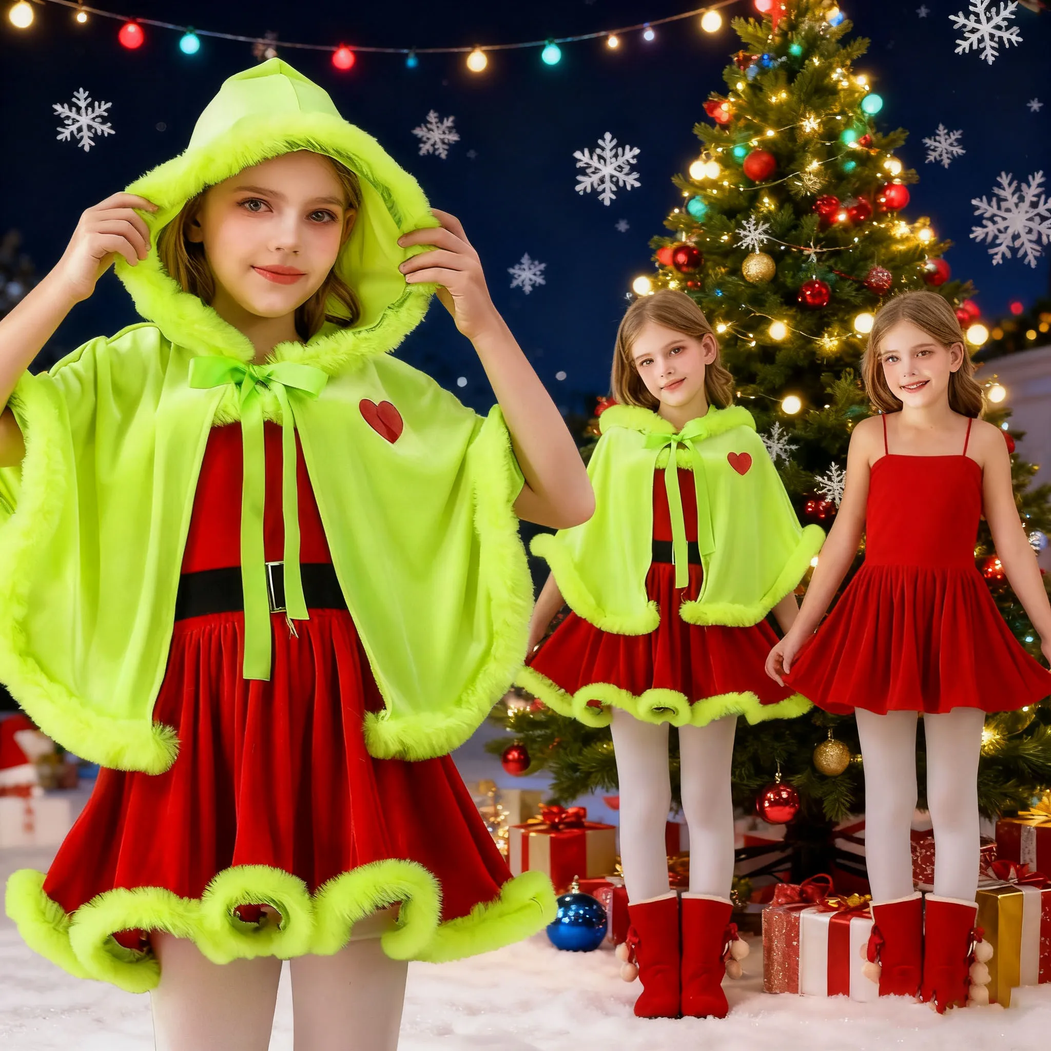 

Green Plush Cloak For Girls Red Sleeveless Kids Party Dresses With Belt Merry Christmas Warm Santa Claus Costume Girl Winter Elf