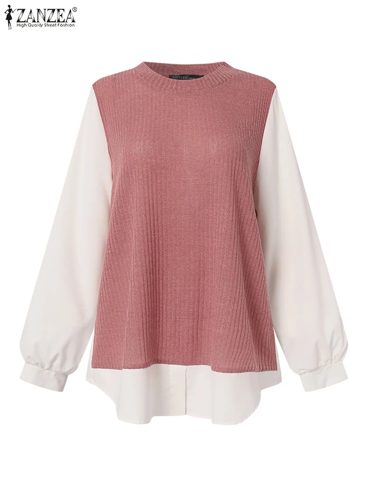 ZANZEAเกาหลีแฟชั่นเสื้อแขนยาวลําลองPatchworkผู้หญิงถักเสื้อฤดูใบไม้ร่วง2024ปลอม2ชิ้นเสื้อยืด