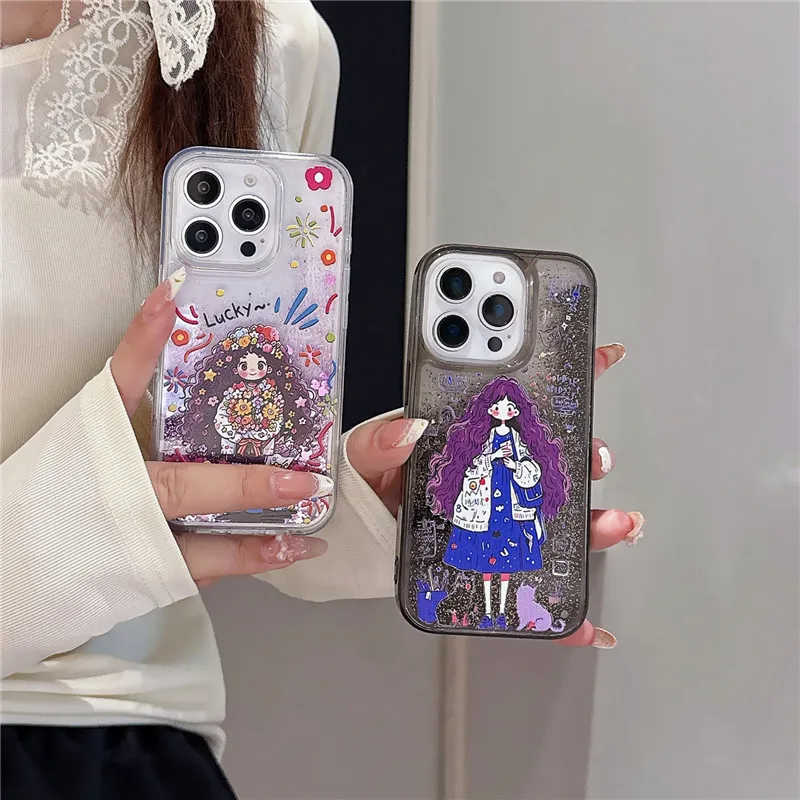 European style cute graffiti curly hair girl glitter powder flowing sand iPhone case 15 14 13 12 11 16 17 Pro Max Plus
