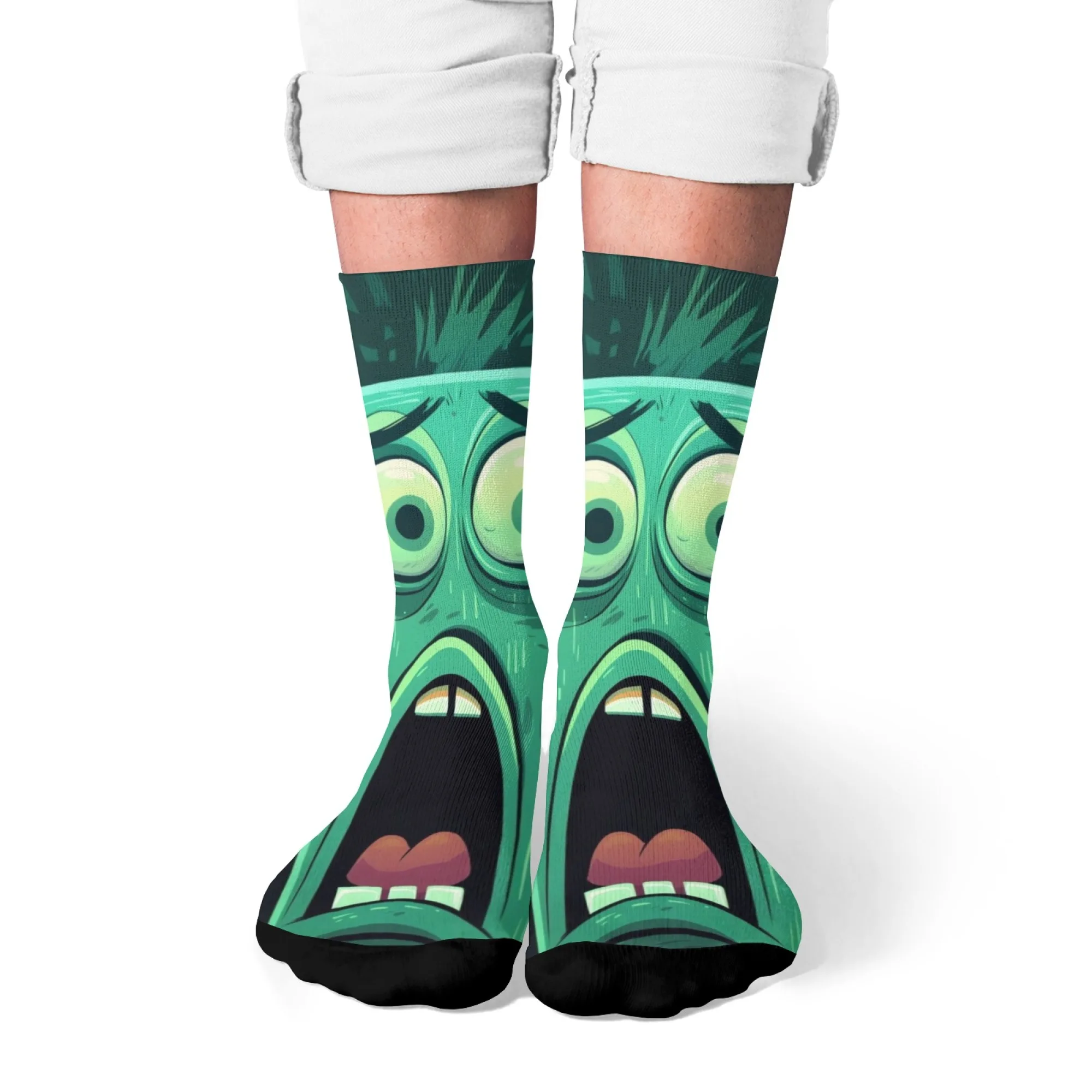 

Novelty Funny Cartoon-Style Green Exaggerated Expression Men Crew Socks Vibrant for Playful Daily Looks & Kidcore Outfits