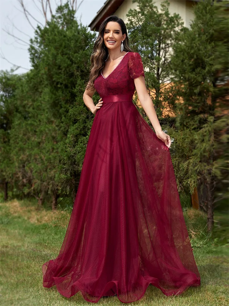 Lucyinlove Elegant Red Chiffon Long Evening Dresses 2024 New Women Mermaid Bridesmaid Wedding Party Formal Party Dress Prom