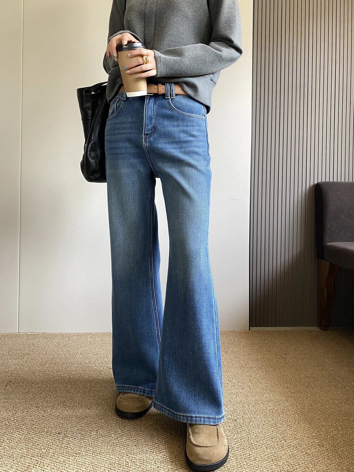 

High Waist Fce Lined Micro Flared Denim Jeans Women's Autumn Winter New Sle Elastic Slimming Small Size Hoof Jeans