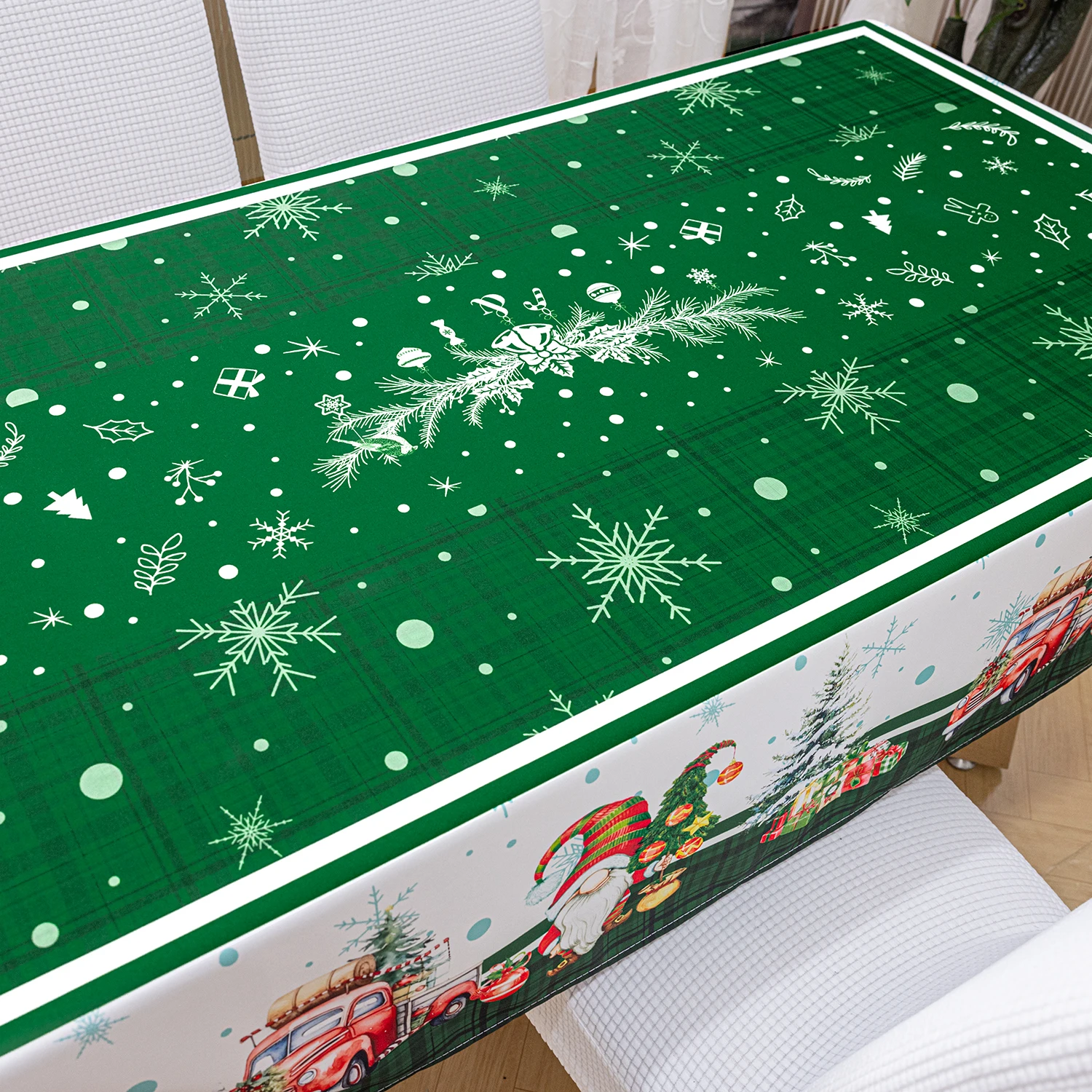 Christmas gnome green printed polyester rectangular tablecloth, kitchen party dining tablecloth