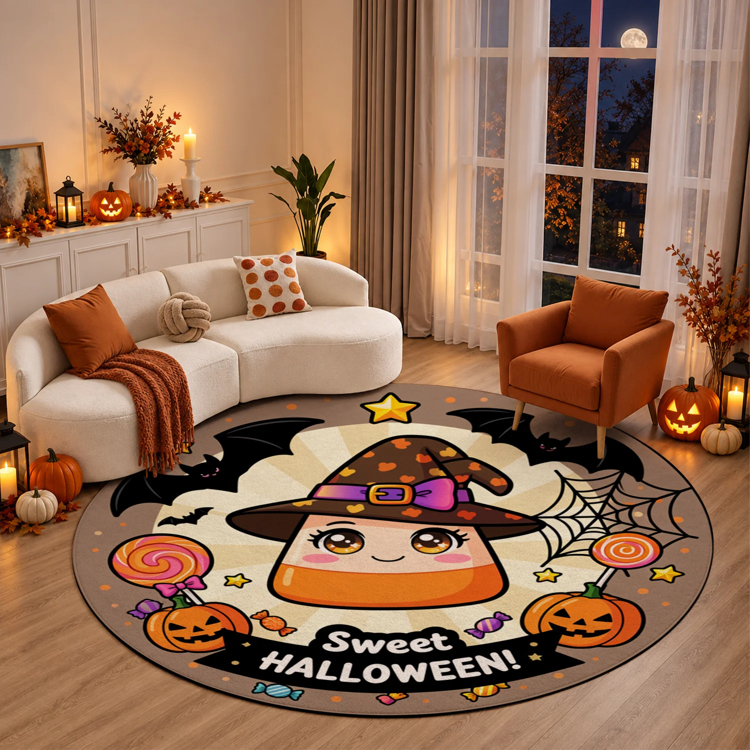 Cute Halloween Candy Witch with Bats Pumpkins Lollipops Pattern Round Velvet Area Rug, Machine Washable, Stable Placement, Ideal for Living Room, Bedroom, Entryway, Perfect for Halloween, Thanksgiving, Christmas, New Year Festive Decor