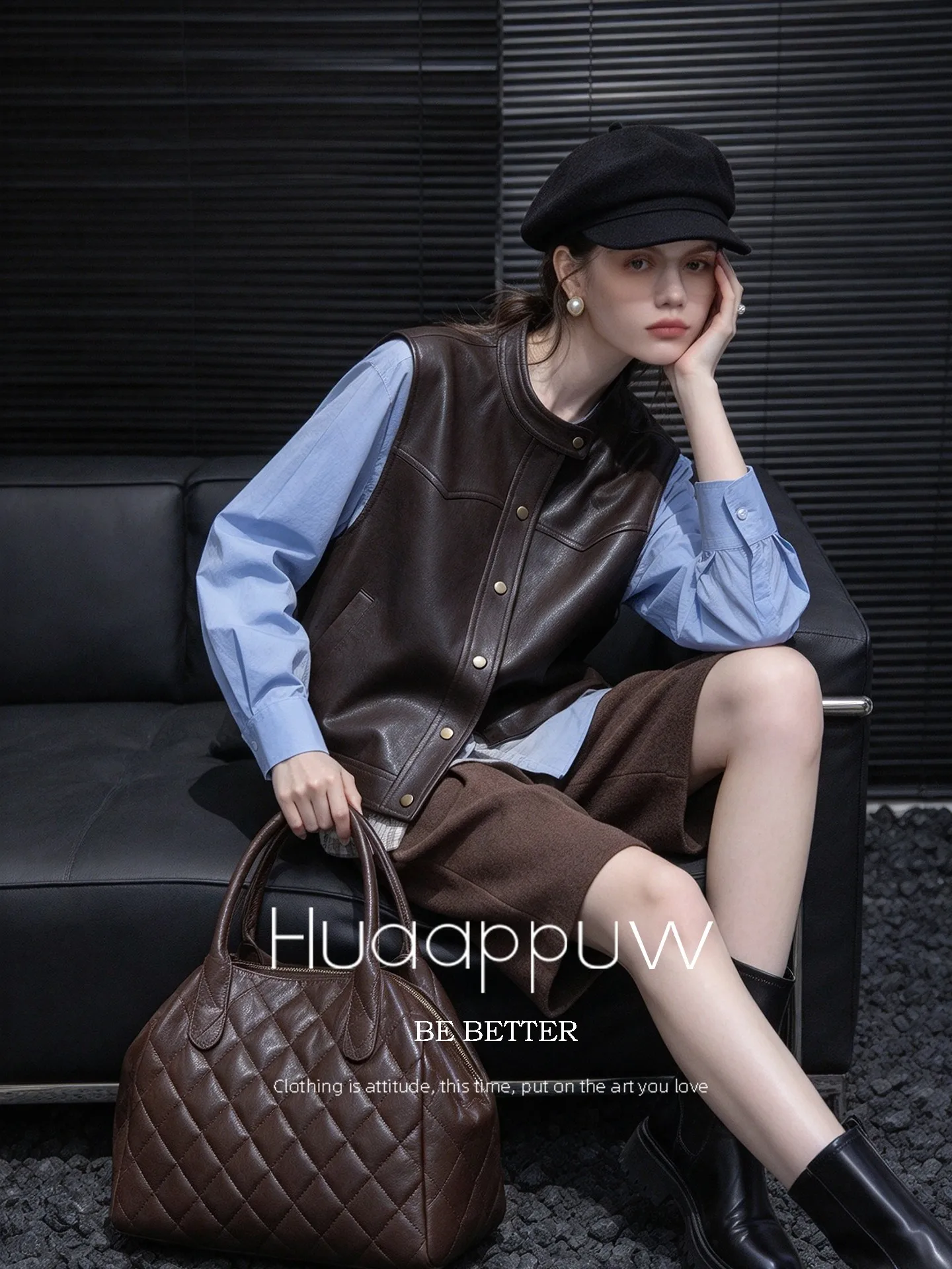 Huaappuw Vintage Collar College Style Layered Wear Leather Jacket Women's Sleeveless Vest Autumn Winter New Arrival