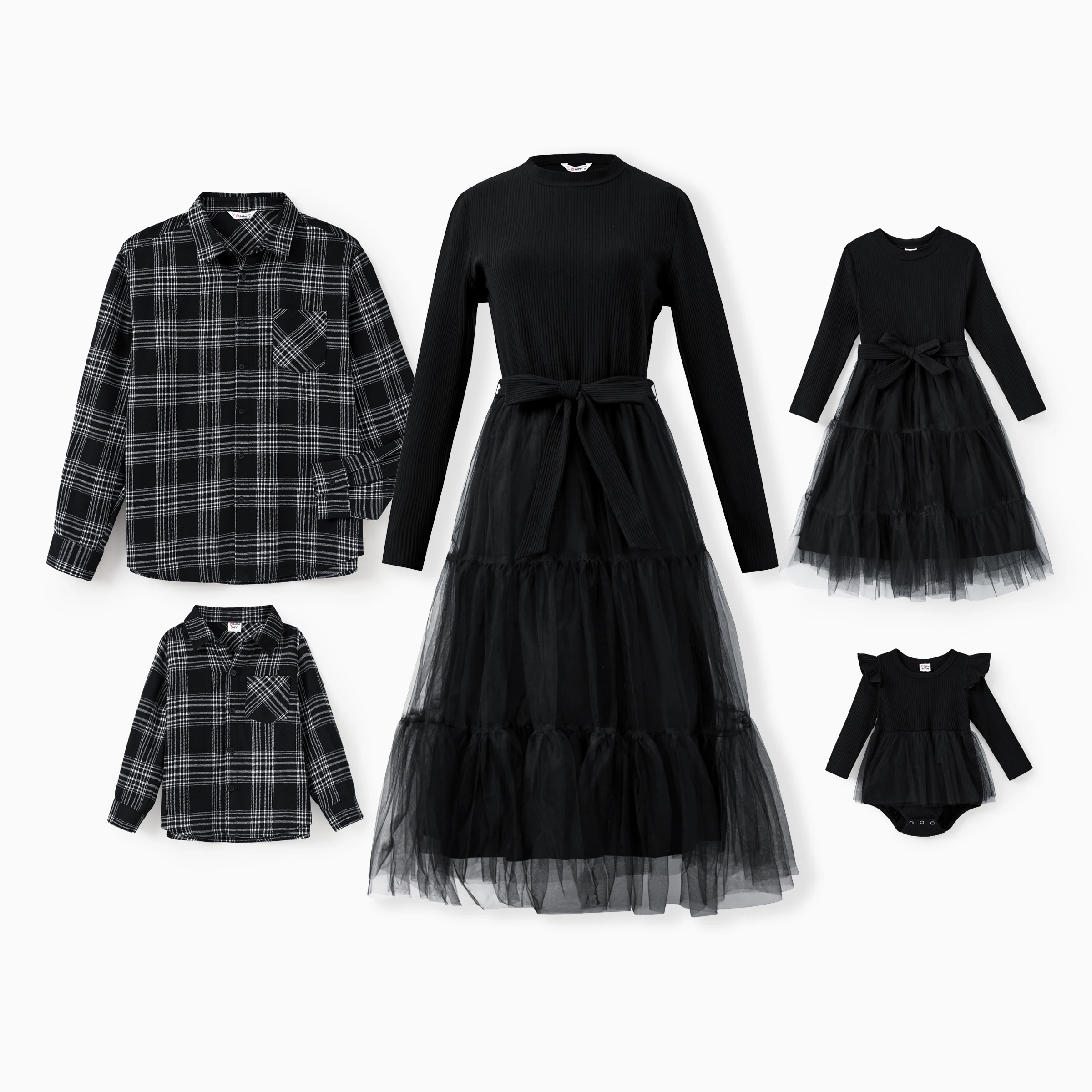 

PatPat Family Matching Sets Black Plaid Shirt Elegant Ribbed Top Flowy Tulle Mesh Dress