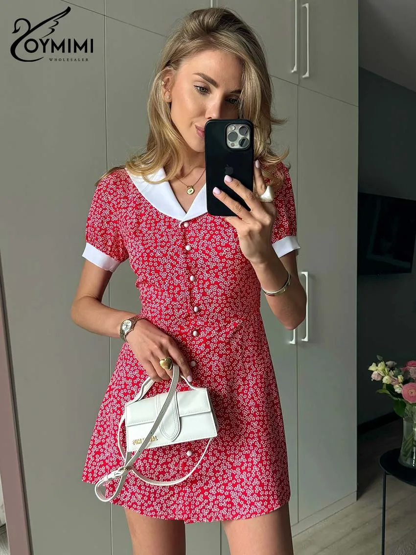 Oymimi Women's Red Floral Mini Dress 2026 Spring Peter Pan Collar Short Sleeve Contrast Trim Button Front Casual Daily Wear