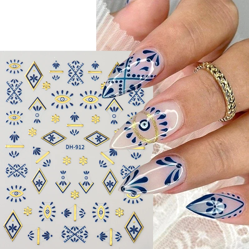 2 stuks Boheemse nagelstickers bronzing blauwe totem boze oog ontwerpen gouden lijn retro patronen zelfklevende stickers sliders decoratie
