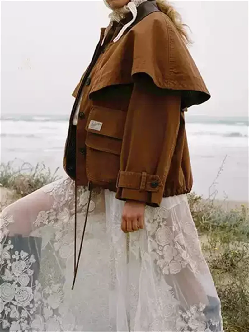 2026 Winter New Women Leather Vintage Lapel Long Sleeve Single Breasted Large Pocket Detachable Cape Jacket